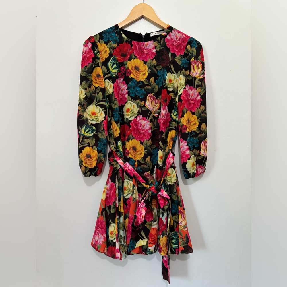 Alice + Olivia Floral Mini Dress - Black and Multicolor
